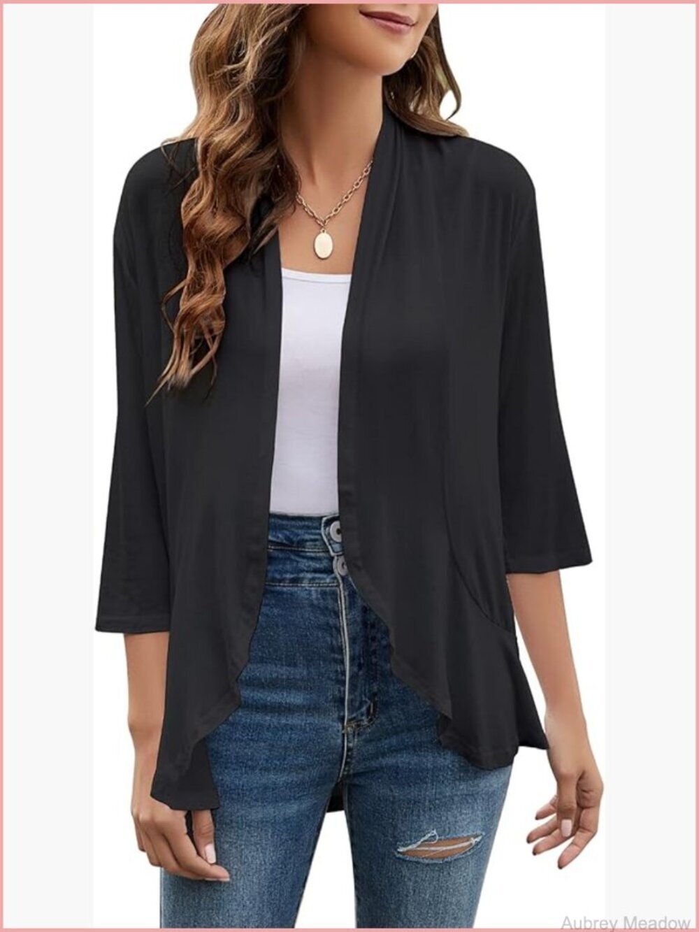 Lightweight Open Front Cardigan 3/4 Sleeve Ruffles Knit